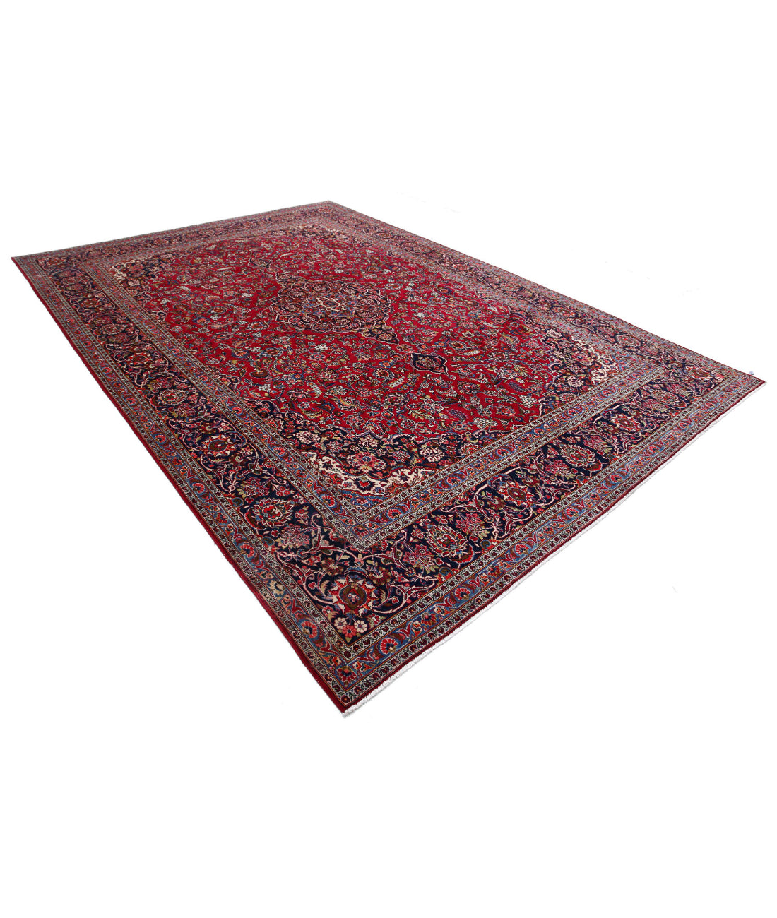 Hand Knotted Persian Kashan Wool Rug - 9'0'' x 12'1'' 9'0'' x 12'1'' (270 X 363) / Red / Blue