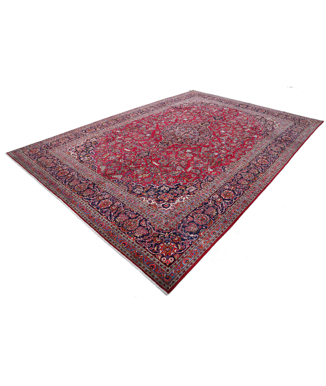 Hand Knotted Persian Kashan Wool Rug - 9'0'' x 12'1'' 9'0'' x 12'1'' (270 X 363) / Red / Blue