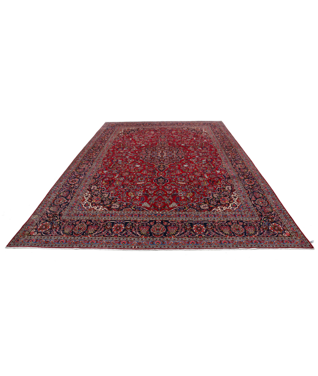 Hand Knotted Persian Kashan Wool Rug - 9'0'' x 12'1'' 9'0'' x 12'1'' (270 X 363) / Red / Blue