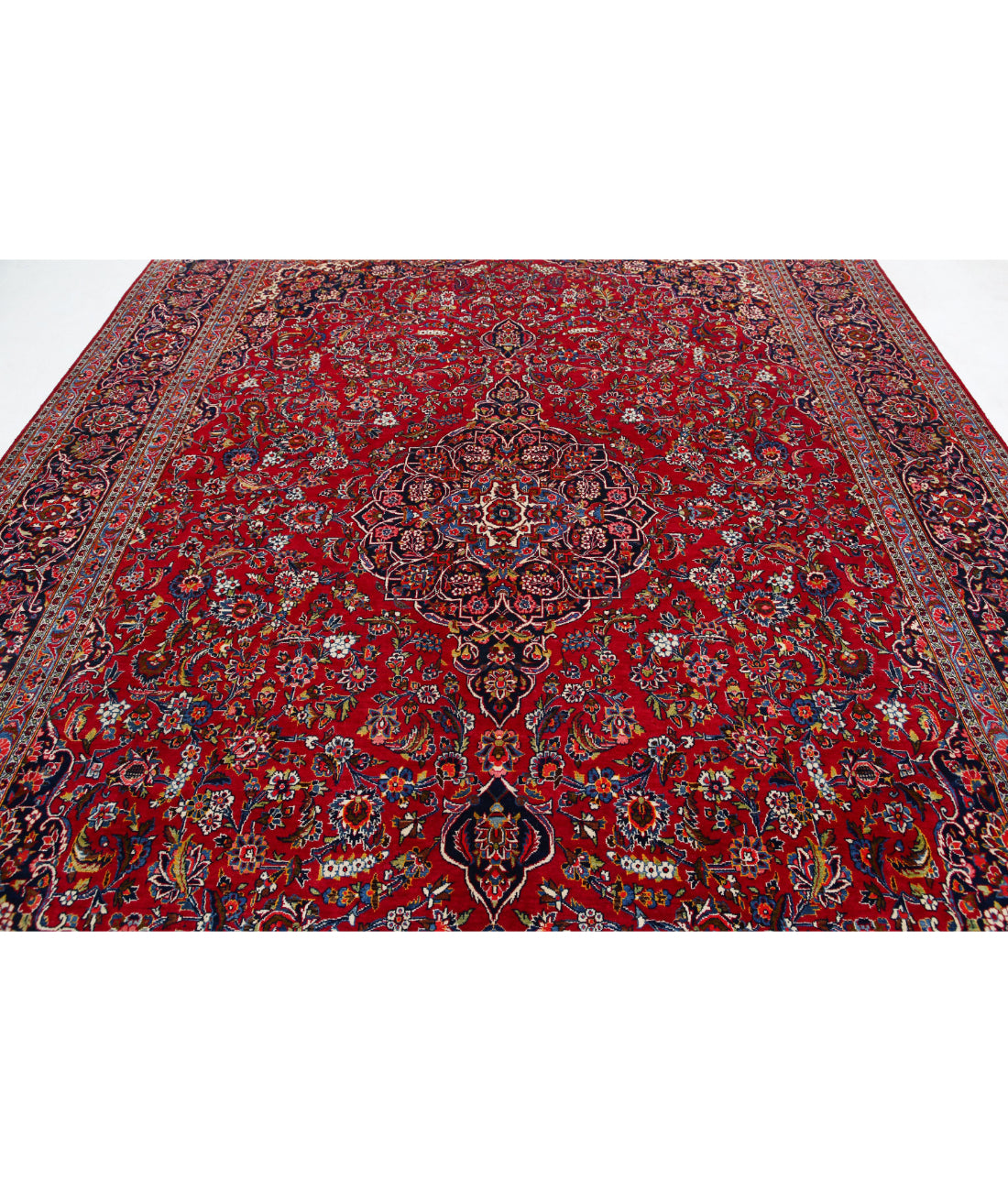 Hand Knotted Persian Kashan Wool Rug - 9'0'' x 12'1'' 9'0'' x 12'1'' (270 X 363) / Red / Blue