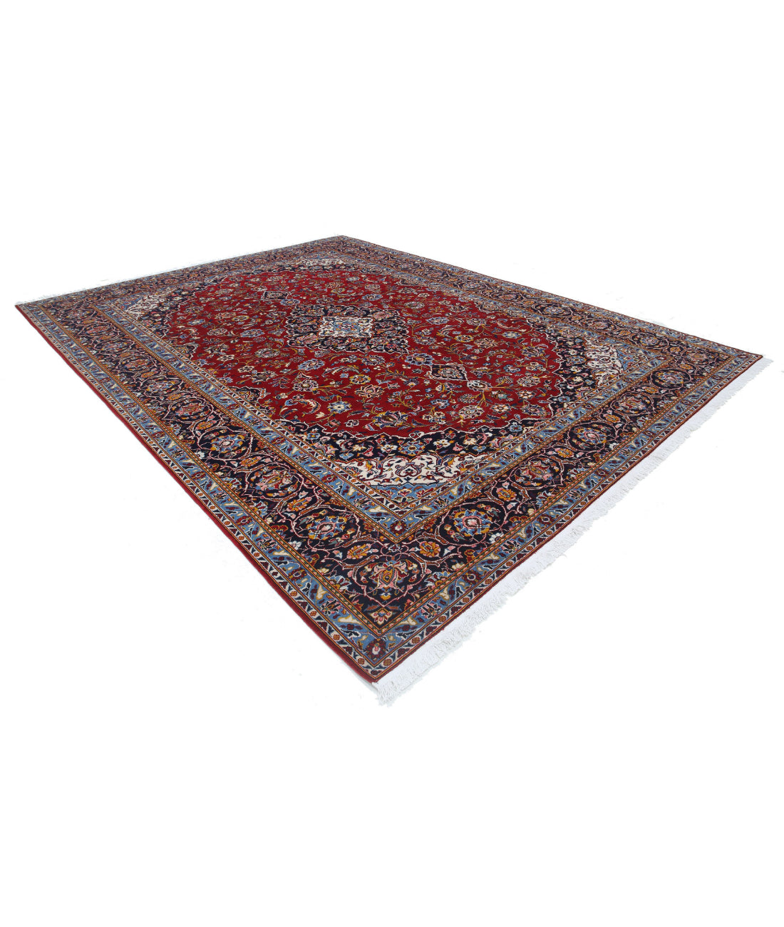 Hand Knotted Persian Kashan Wool Rug - 9'7'' x 12'9'' 9'7'' x 12'9'' (288 X 383) / Red / Blue