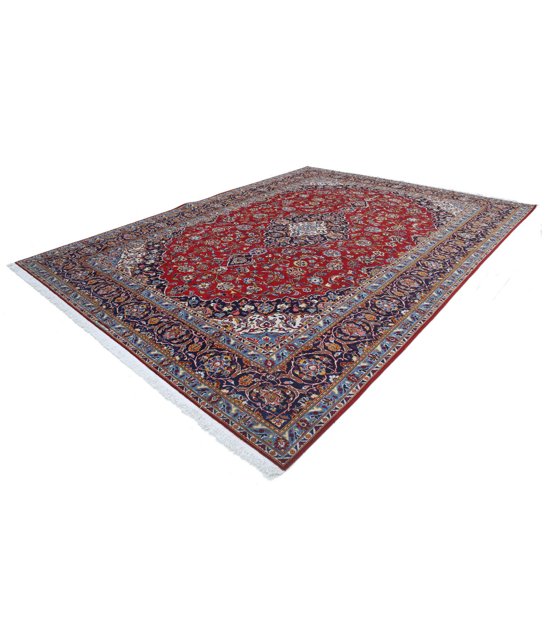 Hand Knotted Persian Kashan Wool Rug - 9'7'' x 12'9'' 9'7'' x 12'9'' (288 X 383) / Red / Blue