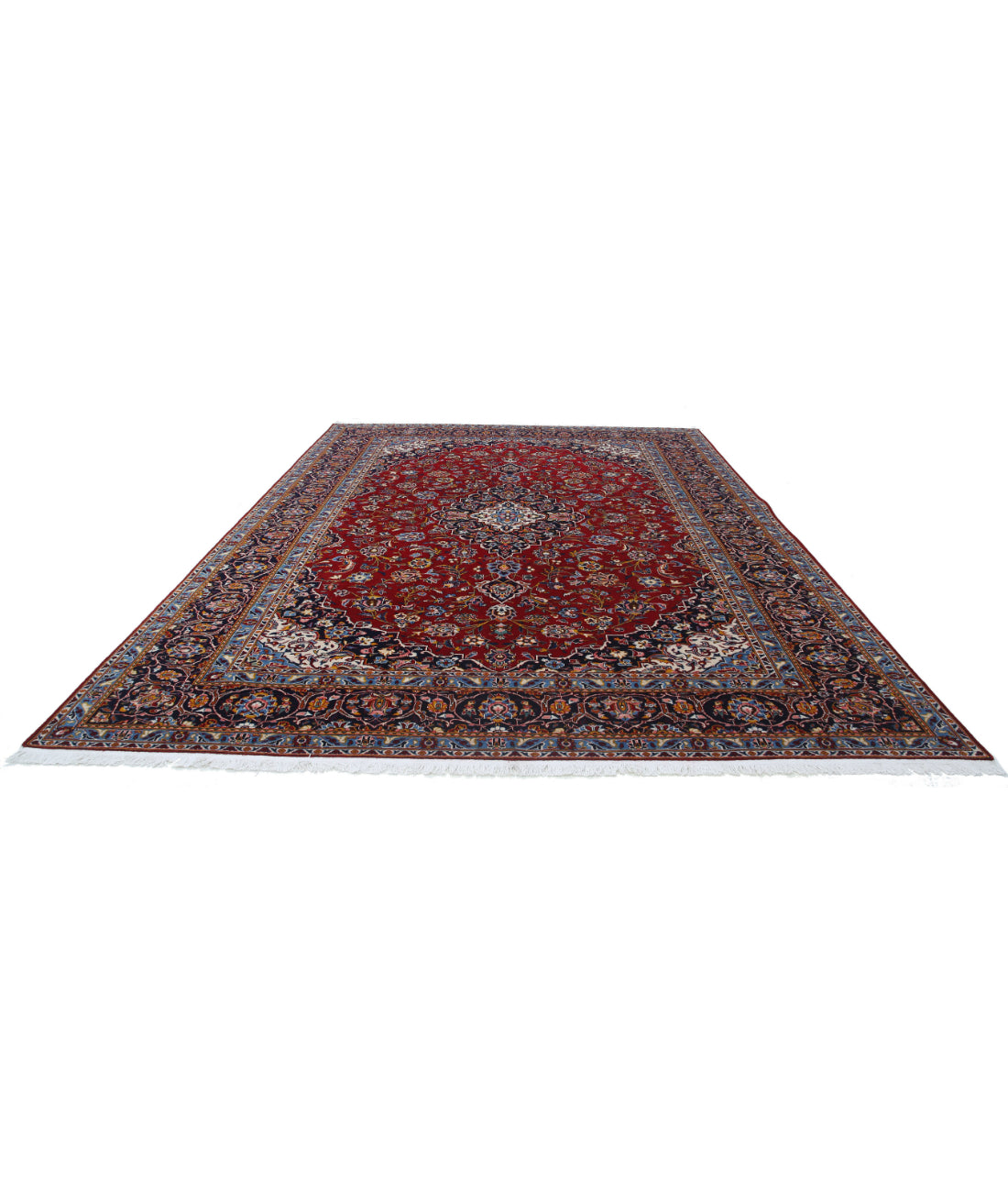 Hand Knotted Persian Kashan Wool Rug - 9'7'' x 12'9'' 9'7'' x 12'9'' (288 X 383) / Red / Blue