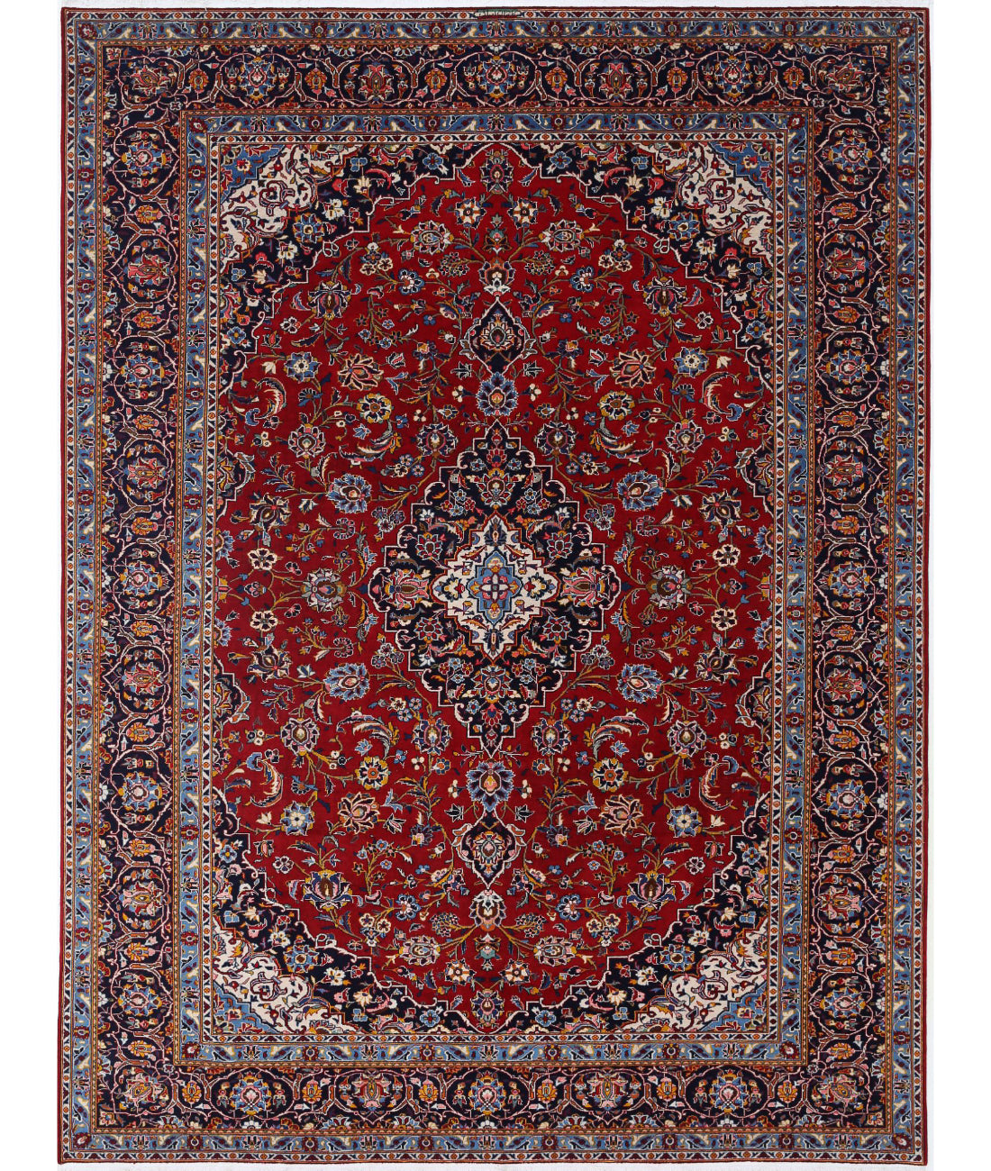 Hand Knotted Persian Kashan Wool Rug - 9'7'' x 12'9'' 9'7'' x 12'9'' (288 X 383) / Red / Blue