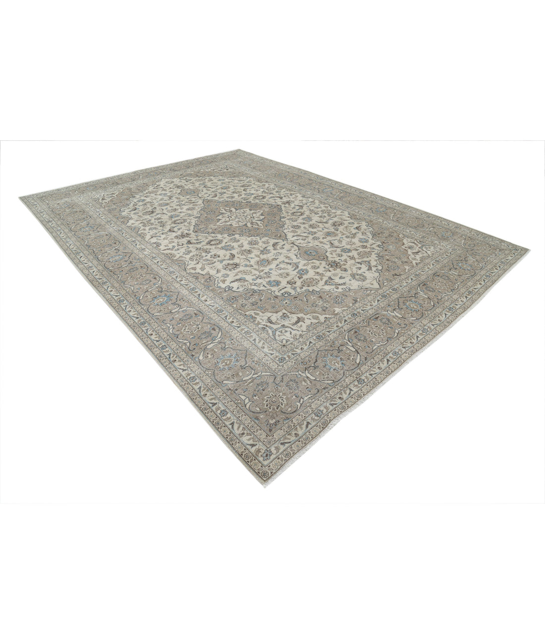 Hand Knotted Vintage Persian Kashan Wool Rug - 9'7'' x 13'1'' 9'7'' x 13'1'' (288 X 393) / Ivory / Taupe