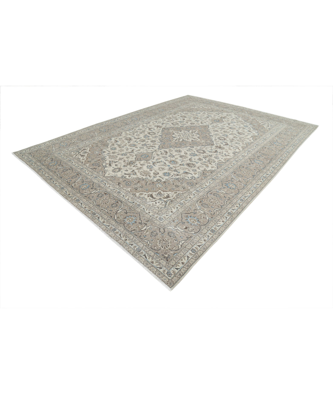 Hand Knotted Vintage Persian Kashan Wool Rug - 9'7'' x 13'1'' 9'7'' x 13'1'' (288 X 393) / Ivory / Taupe