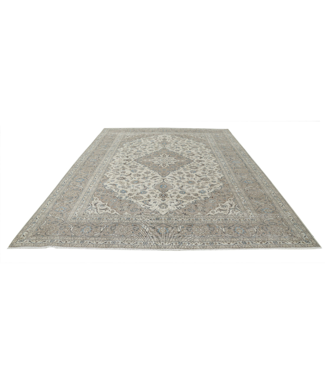 Hand Knotted Vintage Persian Kashan Wool Rug - 9'7'' x 13'1'' 9'7'' x 13'1'' (288 X 393) / Ivory / Taupe