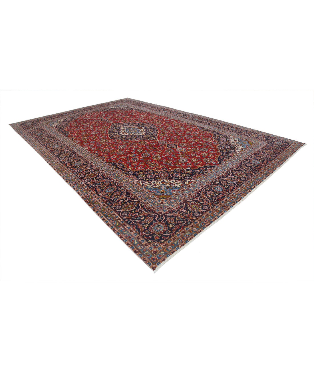 Hand Knotted Persian Kashan Wool Rug - 9'6'' x 14'6'' 9'6'' x 14'6'' (285 X 435) / Red / Blue