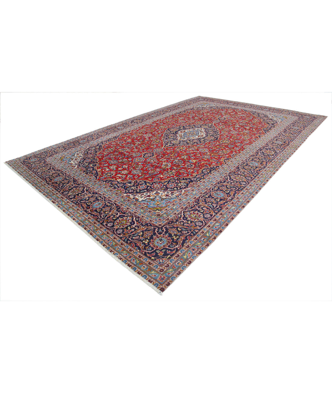 Hand Knotted Persian Kashan Wool Rug - 9'6'' x 14'6'' 9'6'' x 14'6'' (285 X 435) / Red / Blue