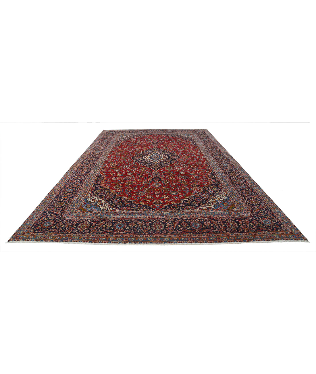 Hand Knotted Persian Kashan Wool Rug - 9'6'' x 14'6'' 9'6'' x 14'6'' (285 X 435) / Red / Blue