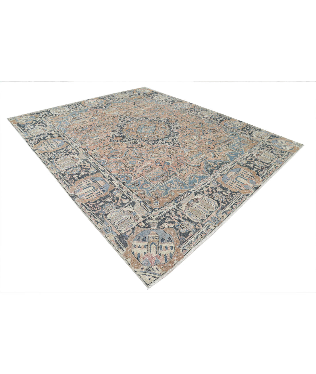 Hand Knotted Antique Persian Kashmar Wool Rug - 9'8'' x 11'11'' 9'8'' x 11'11'' (290 X 358) / Peach / Grey