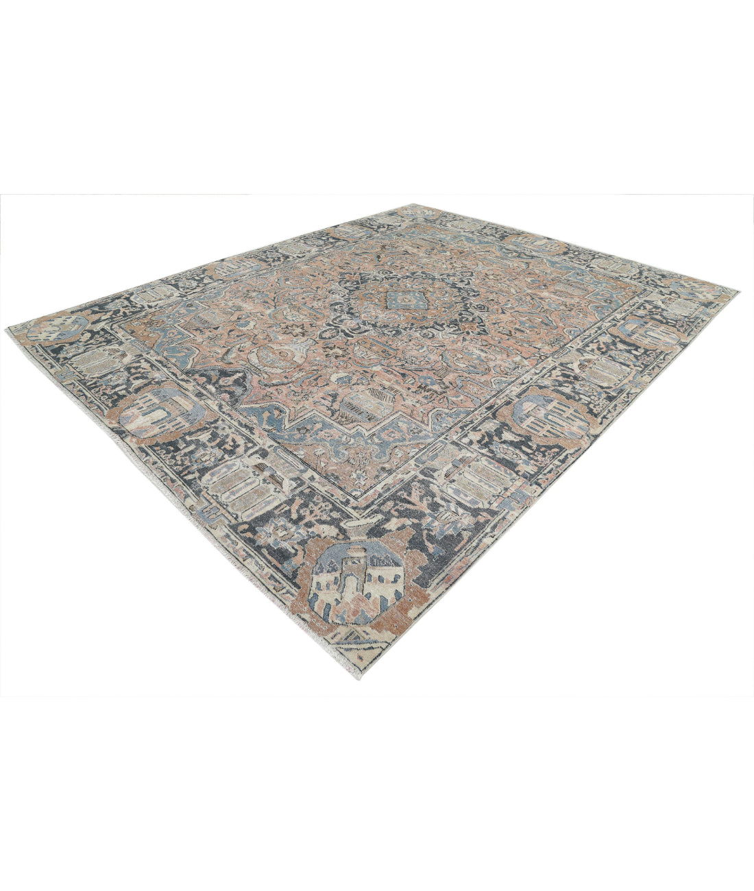 Hand Knotted Antique Persian Kashmar Wool Rug - 9'8'' x 11'11'' 9'8'' x 11'11'' (290 X 358) / Peach / Grey