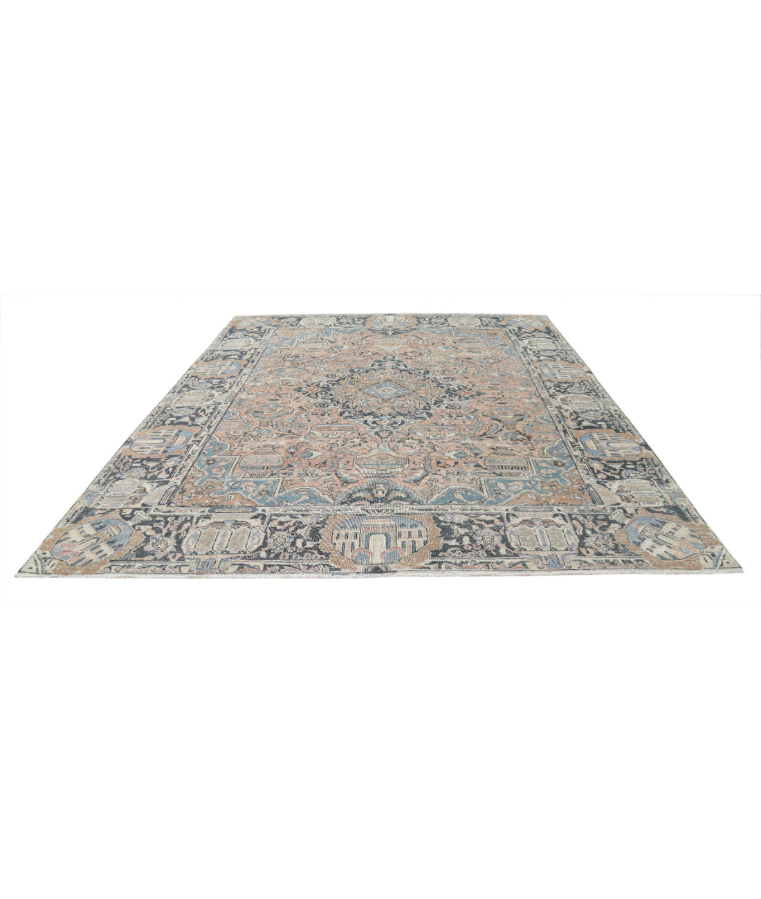 Hand Knotted Antique Persian Kashmar Wool Rug - 9'8'' x 11'11'' 9'8'' x 11'11'' (290 X 358) / Peach / Grey