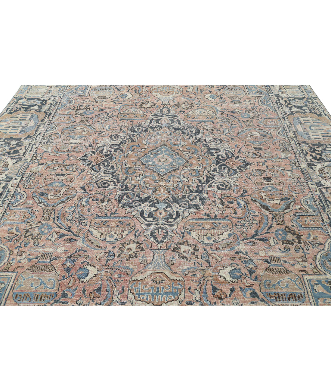 Hand Knotted Antique Persian Kashmar Wool Rug - 9'8'' x 11'11'' 9'8'' x 11'11'' (290 X 358) / Peach / Grey