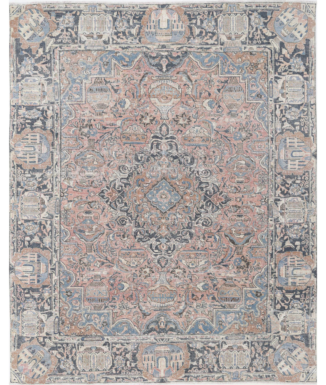 Hand Knotted Antique Persian Kashmar Wool Rug - 9&#39;8&#39;&#39; x 11&#39;11&#39;&#39; 9&#39;8&#39;&#39; x 11&#39;11&#39;&#39; (290 X 358) / Peach / Grey
