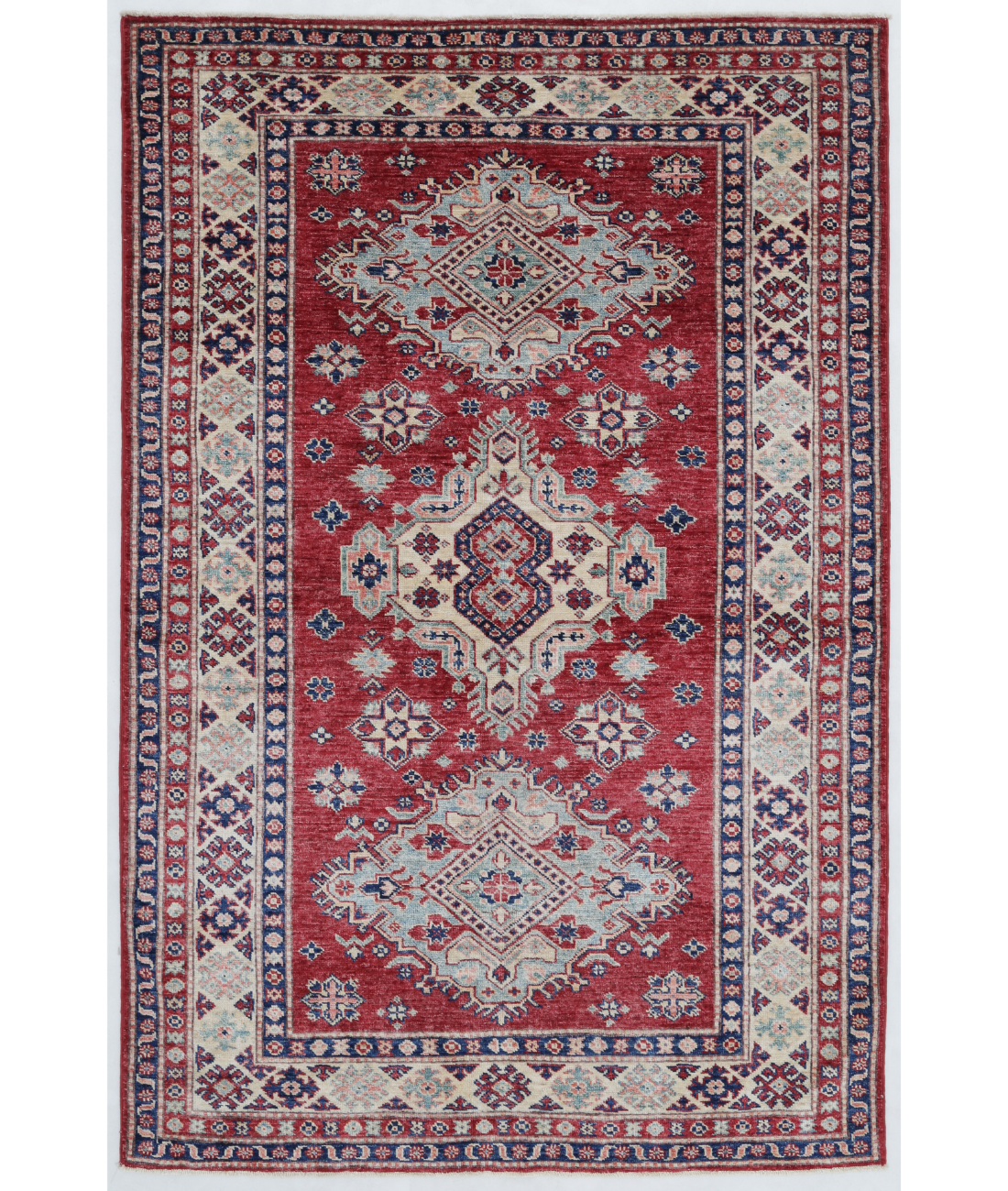 Hand Knotted Kazak Wool Rug 3' 10" X 5' 11" 3' 10" X 5' 11" (117 X 180) / Red / Ivory