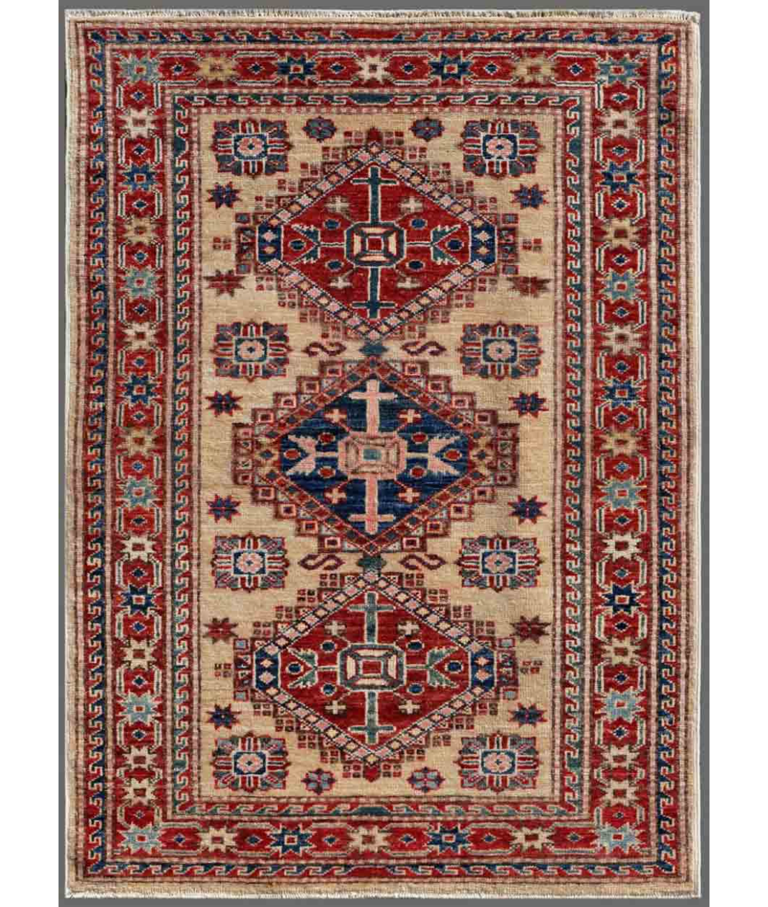 Hand Knotted Kazak Wool Rug 2' 6" X 3' 6" 2' 6" X 3' 6" (76 X 107) / Ivory / Red