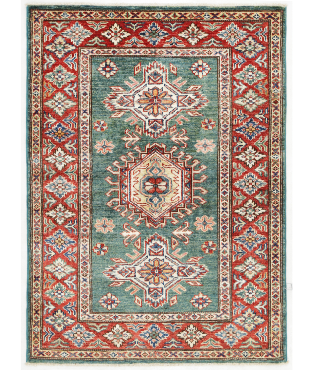 Hand Knotted Kazak Wool Rug 2' 9" X 3' 11" 2' 9" X 3' 11" (84 X 119) / Green / Red