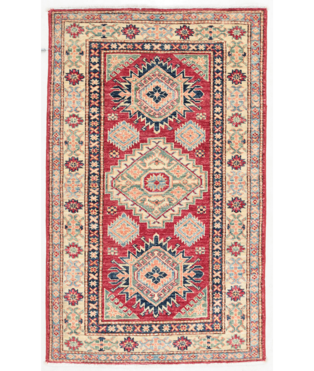 Hand Knotted Kazak Wool Rug 2' 7" X 4' 3" 2' 7" X 4' 3" (79 X 130) / Red / Ivory