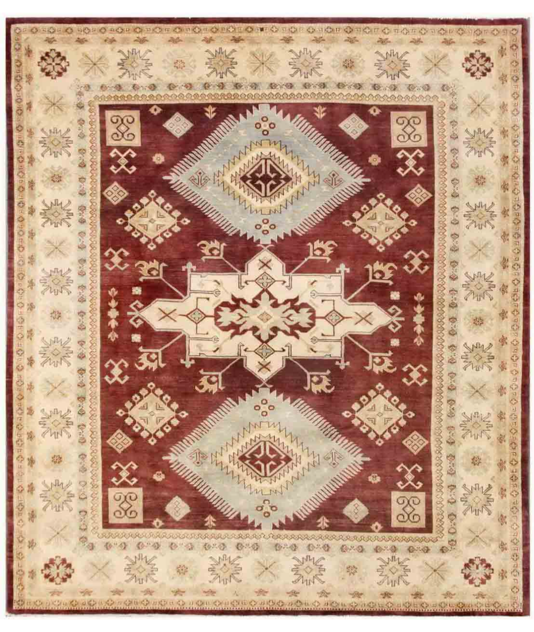 Hand Knotted Kazak Wool Rug 9' 1" X 10' 7" 9' 1" X 10' 7" (277 X 322) / Brown / Ivory