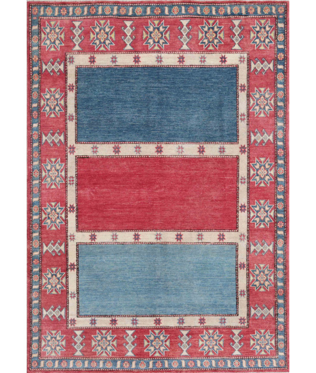 Hand Knotted Kazak Wool Rug 5' 7" X 7' 10" 5' 7" X 7' 10" (170 X 239) / Red / Blue