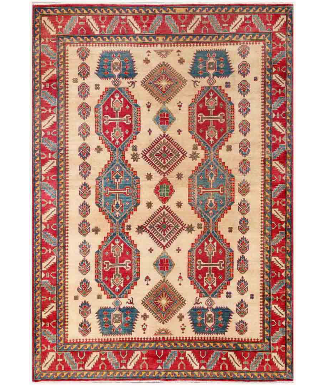 Hand Knotted Kazak Wool Rug 7' 3" X 10' 6" 7' 3" X 10' 6" (221 X 320) / Ivory / Red