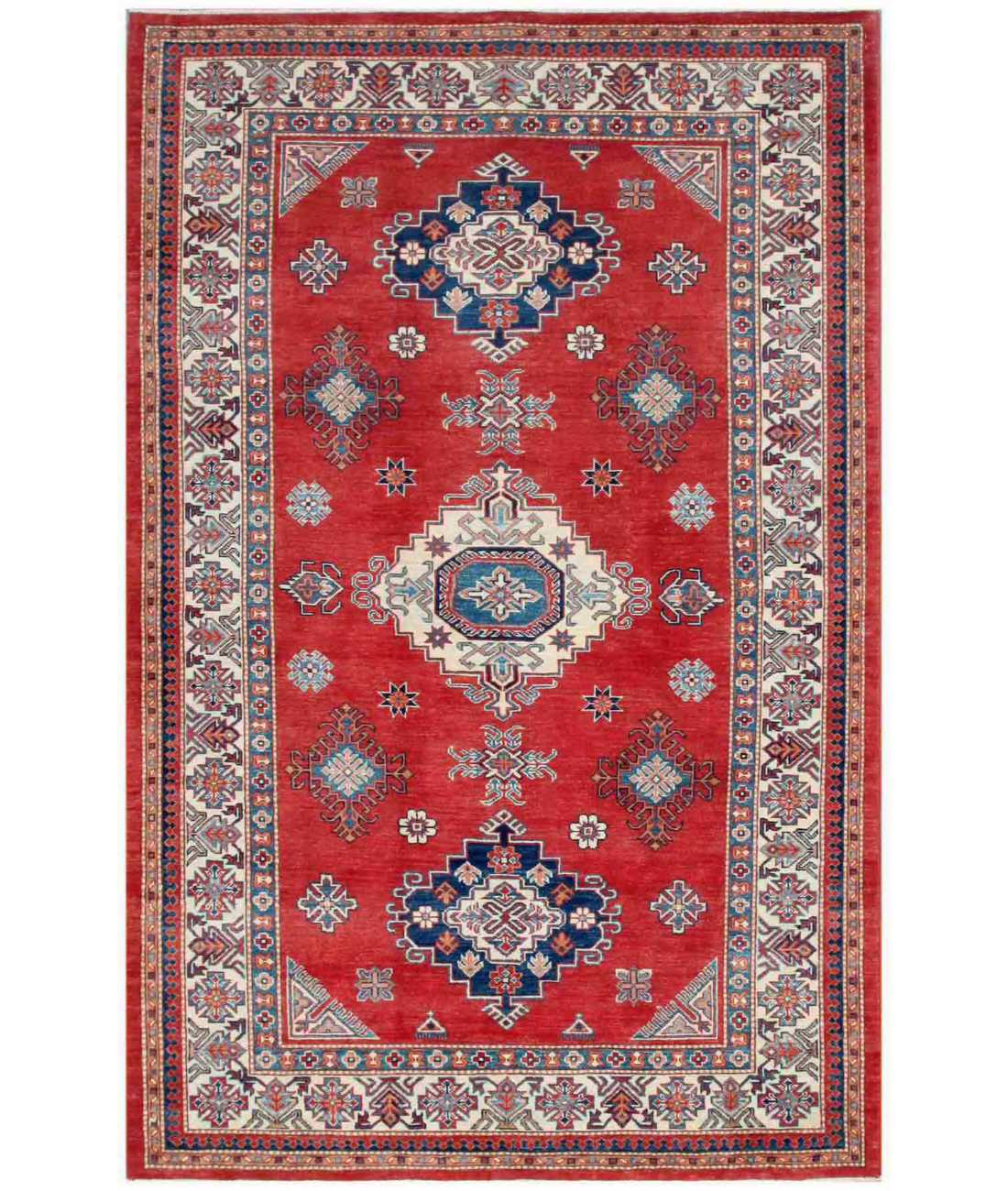 Hand Knotted Kazak Wool Rug 6' 4" X 9' 9" 6' 4" X 9' 9" (193 X 297) / Red / Ivory