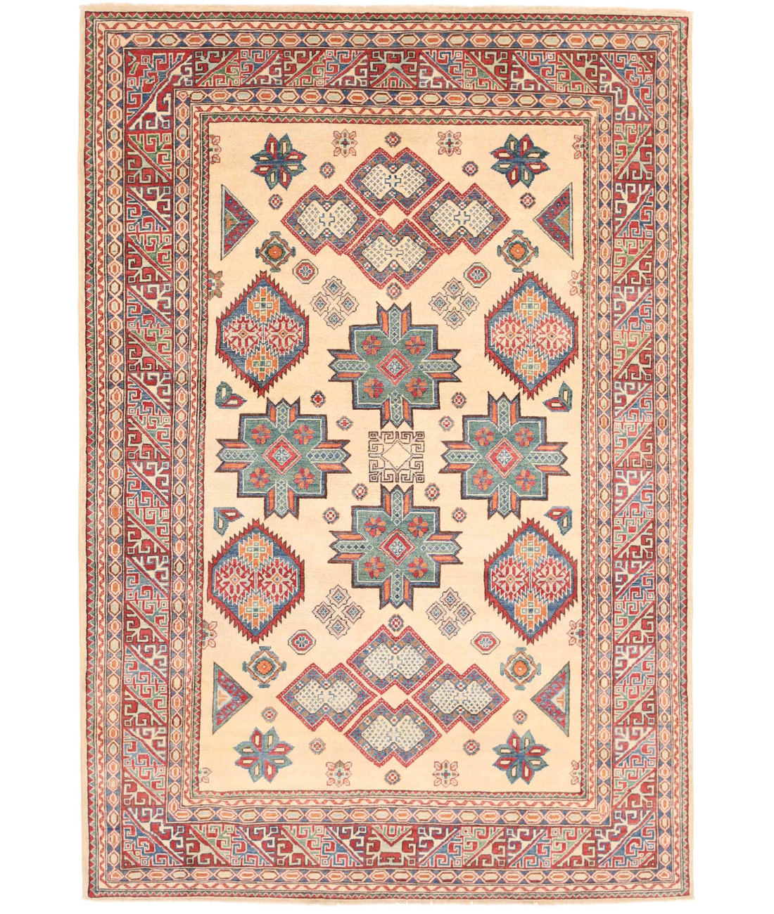 Hand Knotted Kazak Wool Rug 6' 8" X 10' 0" 6' 8" X 10' 0" (203 X 305) / Ivory / Red