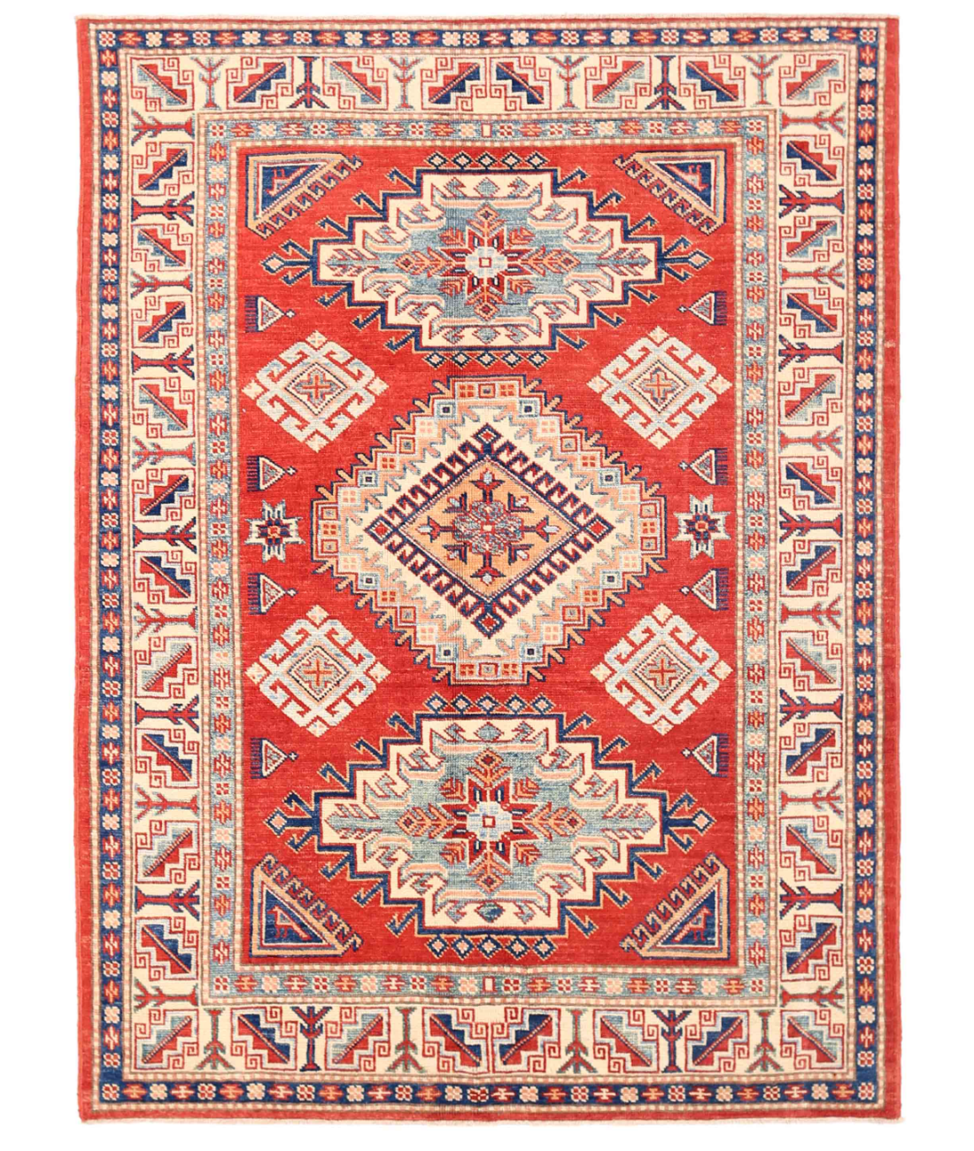 Hand Knotted Kazak Wool Rug 4' 10" X 6' 7" 4' 10" X 6' 7" (147 X 201) / Red / Ivory