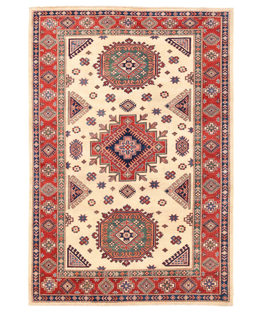 Hand Knotted Kazak Wool Rug 5' 10" X 8' 6" 5' 10" X 8' 6" (178 X 259) / Red / Beige