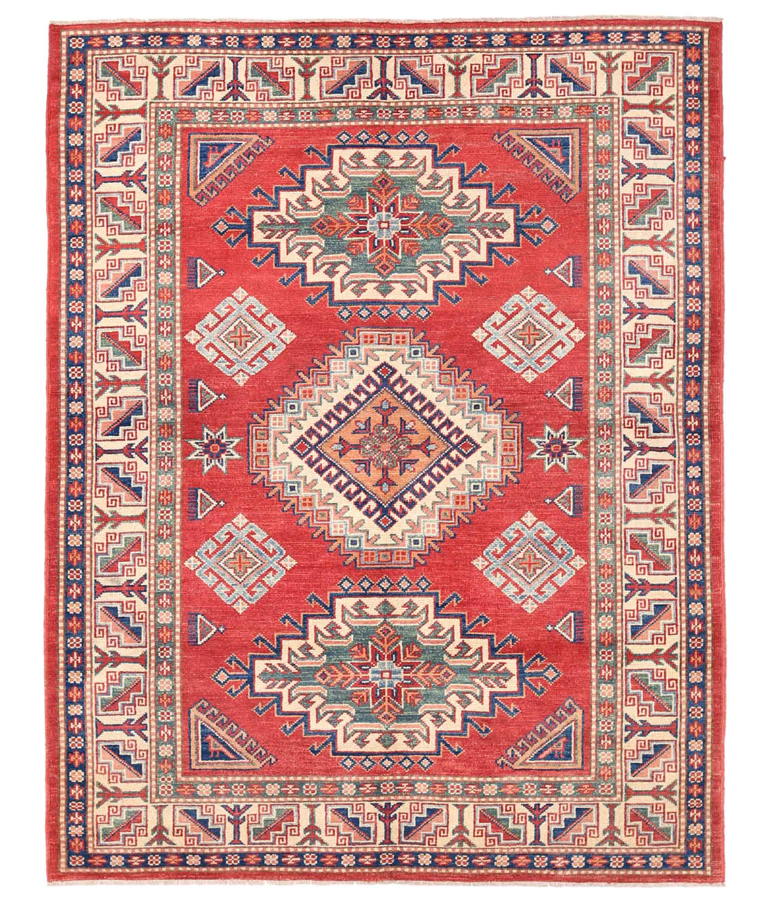 Hand Knotted Kazak Wool Rug 5' 0" X 6' 6" 5' 0" X 6' 6" (152 X 198) / Red / Ivory
