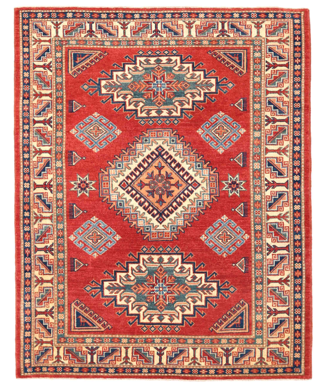 Hand Knotted Kazak Wool Rug 4' 10" X 6' 4" 4' 10" X 6' 4" (147 X 193) / Blue / Ivory