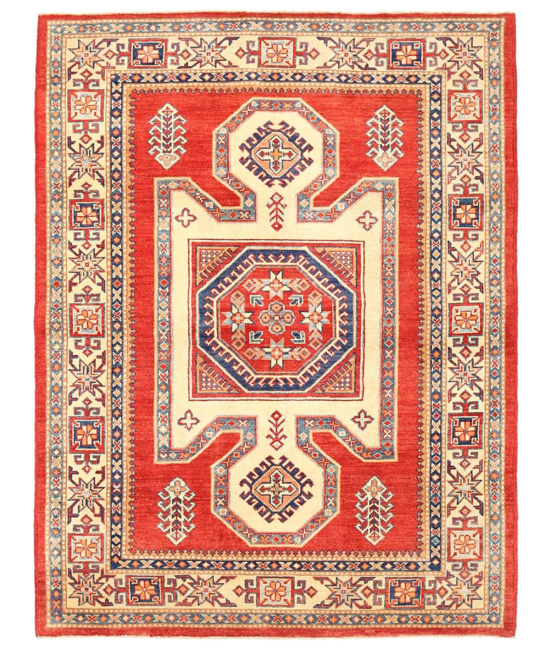 Hand Knotted Kazak Wool Rug 5' 1" X 6' 8" 5' 1" X 6' 8" (155 X 203) / Red / Ivory