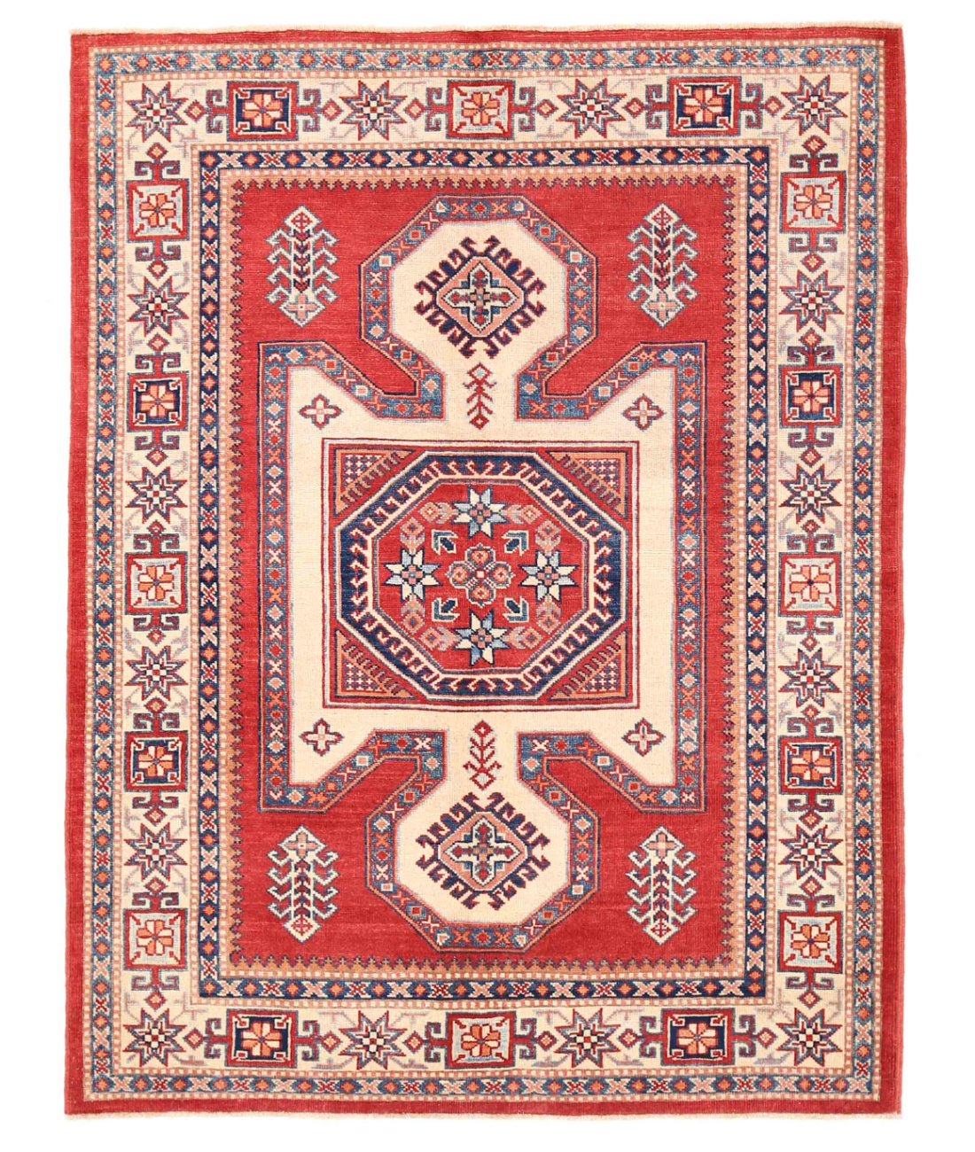 Hand Knotted Kazak Wool Rug 5' 2" X 6' 8" 5' 2" X 6' 8" (158 X 203) / Red / Ivory