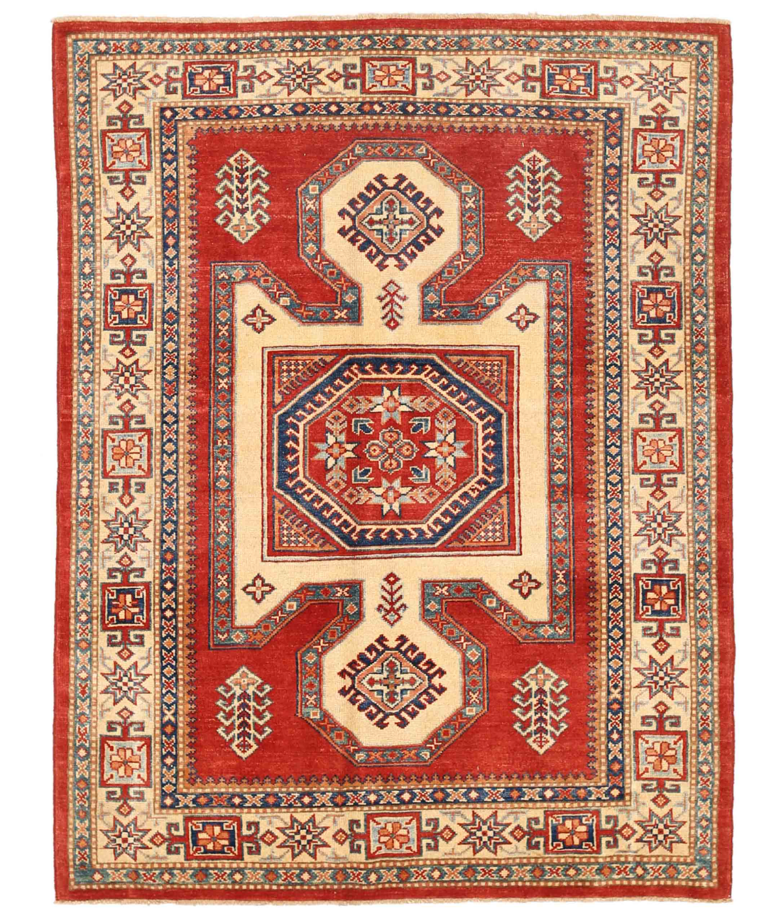Hand Knotted Kazak Wool Rug 4' 7" X 6' 1" 4' 7" X 6' 1" (140 X 185) / Red / Ivory