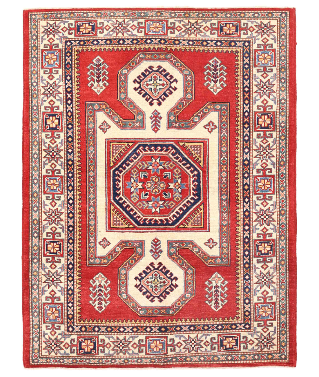 Hand Knotted Kazak Wool Rug 4' 10" X 6' 7" 4' 10" X 6' 7" (147 X 201) / Red / Ivory