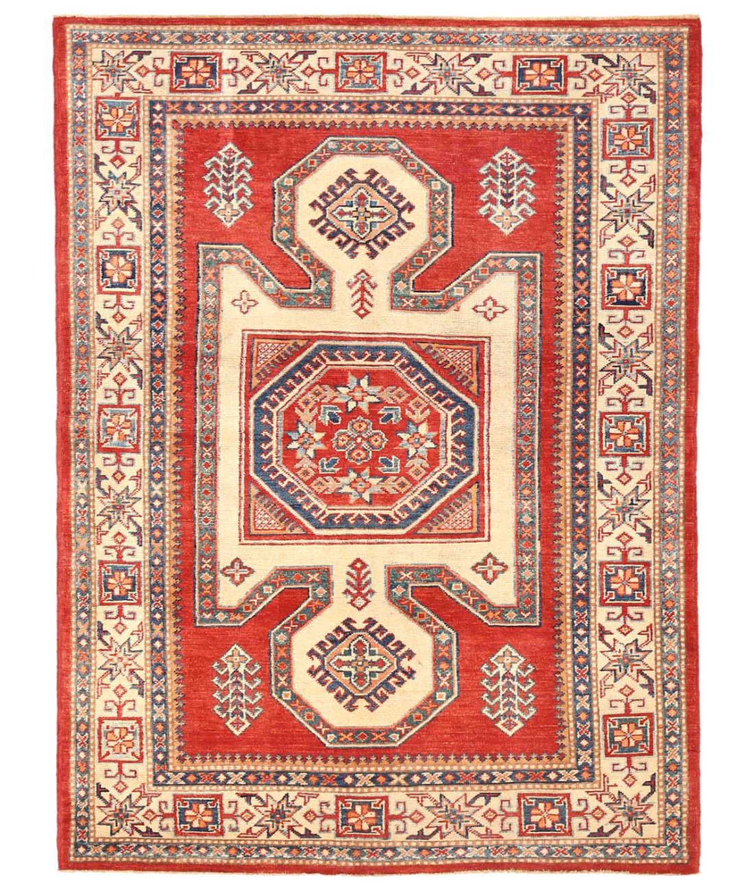 Hand Knotted Kazak Wool Rug 4' 10" X 6' 9" 4' 10" X 6' 9" (147 X 206) / Red / Ivory