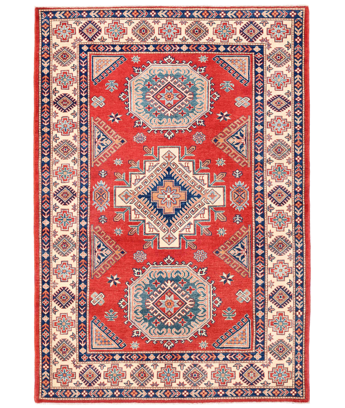 Hand Knotted Kazak Wool Rug 6' 0" X 8' 7" 6' 0" X 8' 7" (183 X 262) / Red / Ivory