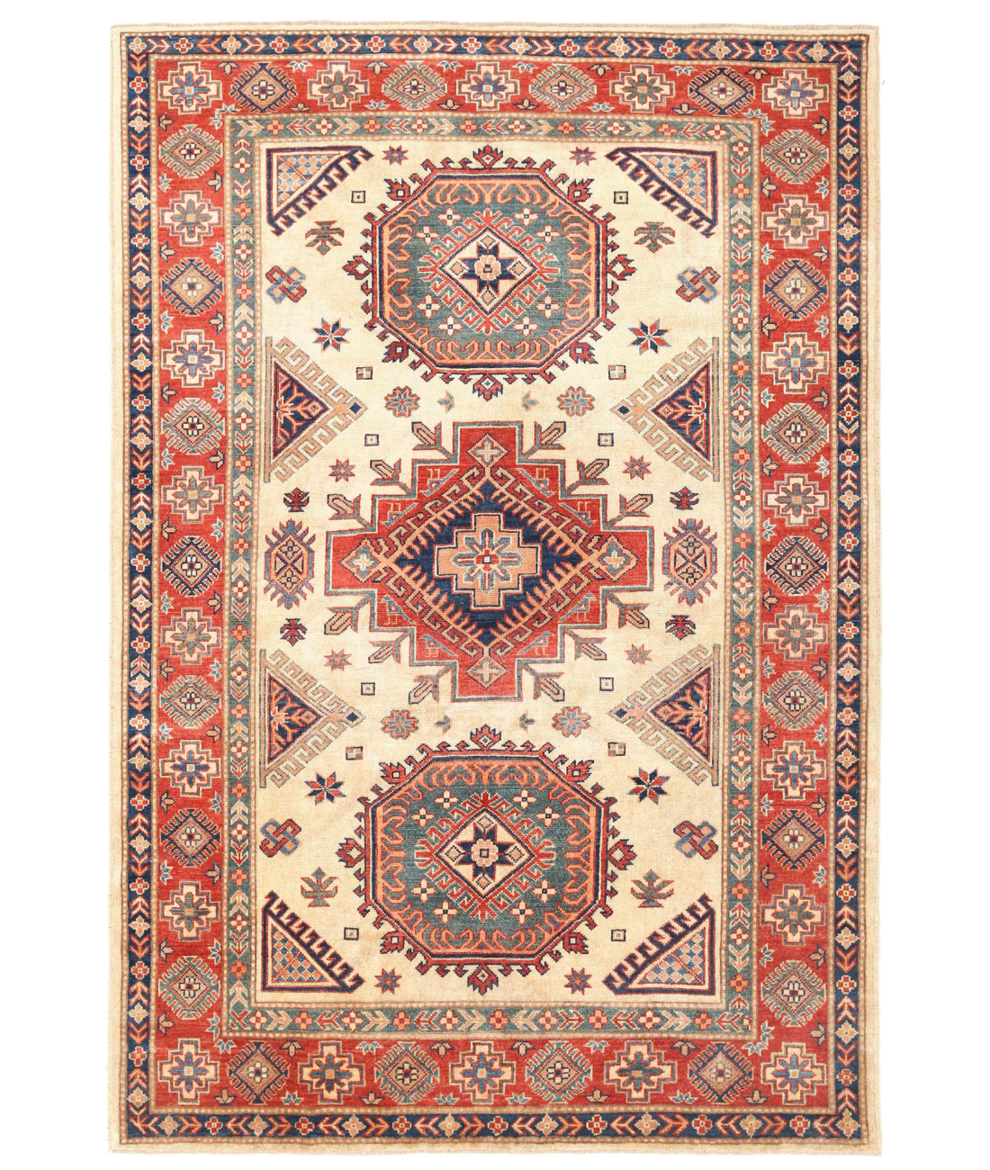 Hand Knotted Kazak Wool Rug 6' 0" X 8' 9" 6' 0" X 8' 9" (183 X 267) / Ivory / Red