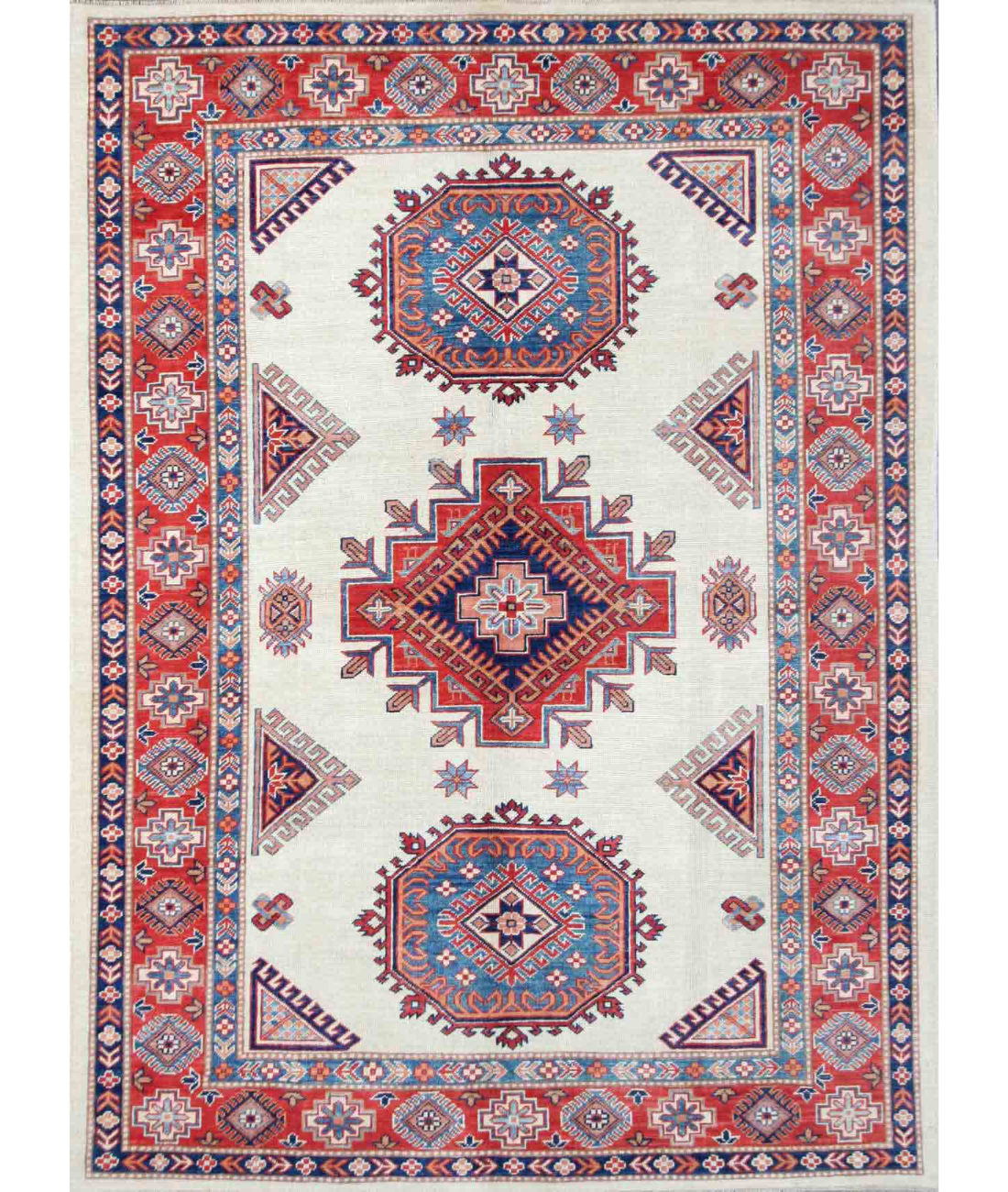 Hand Knotted Kazak Wool Rug 6' 3" X 8' 7" 6' 3" X 8' 7" (191 X 262) / Ivory / Red