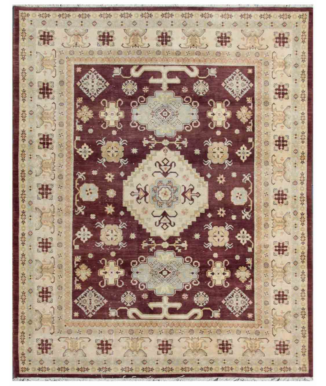 Hand Knotted Kazak Wool Rug 8' 0" X 9' 1" 8' 0" X 9' 1" (244 X 277) / Burgundy / Ivory