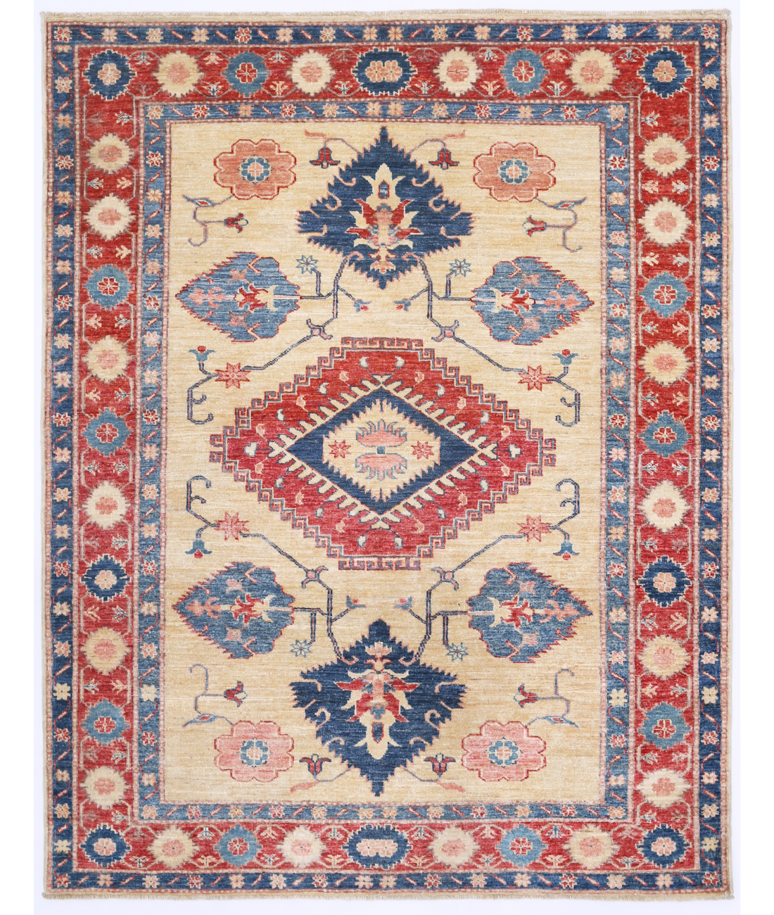 Hand Knotted Kazak Wool Rug 4' 11" X 6' 4" 4' 11" X 6' 4" (150 X 193) / Ivory / Red