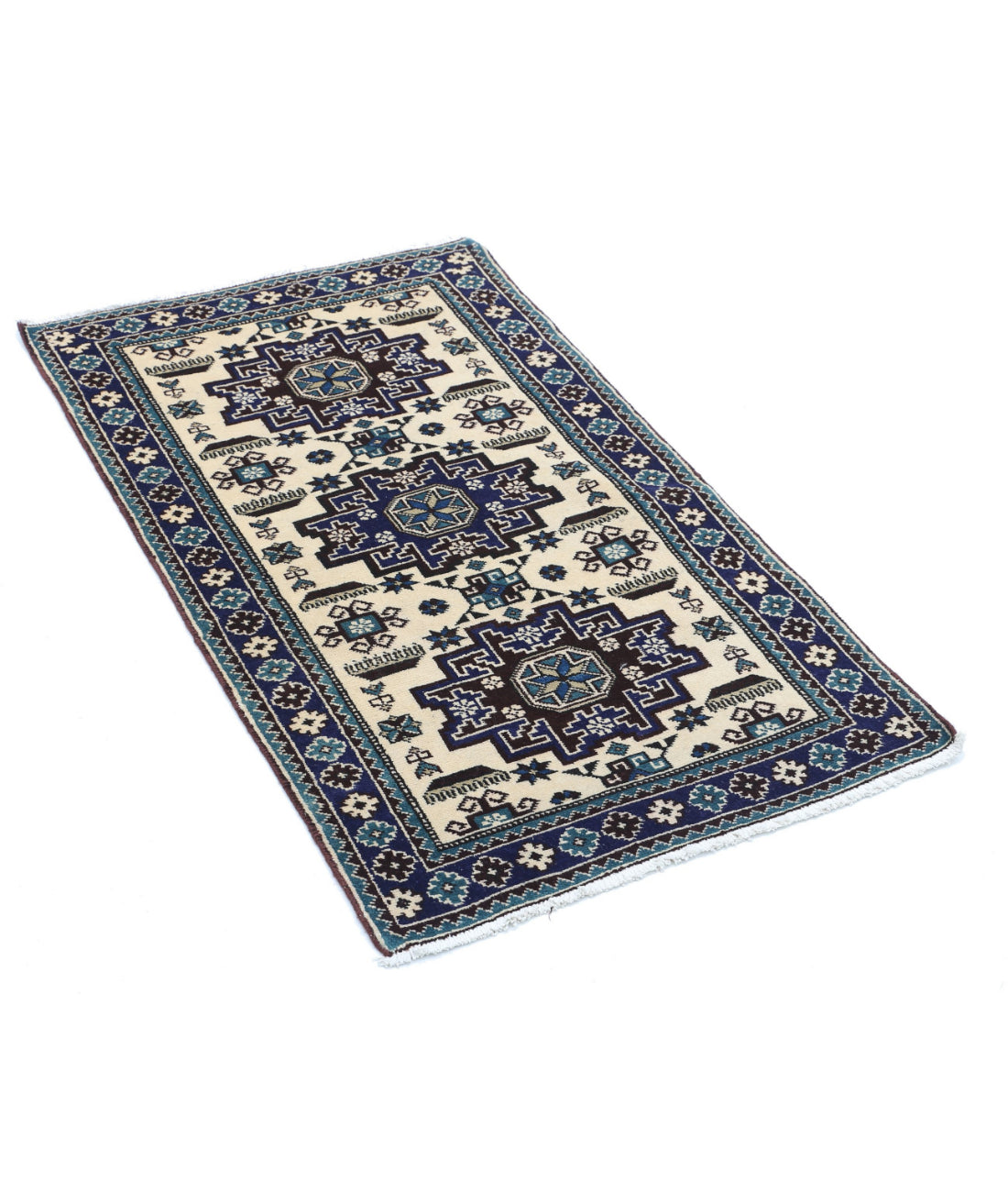 Hand Knotted Tribal Kazak Wool Rug - 2'3'' x 3'9'' 2'3'' x 3'9'' (68 X 113) / Ivory / Blue