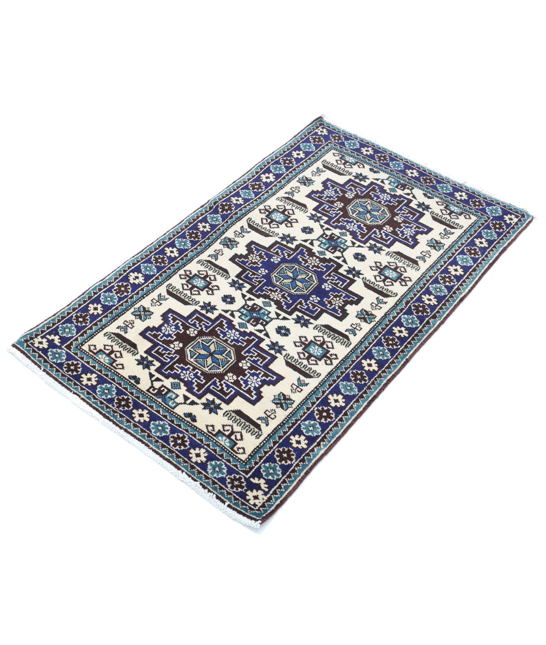 Hand Knotted Tribal Kazak Wool Rug - 2'3'' x 3'9'' 2'3'' x 3'9'' (68 X 113) / Ivory / Blue