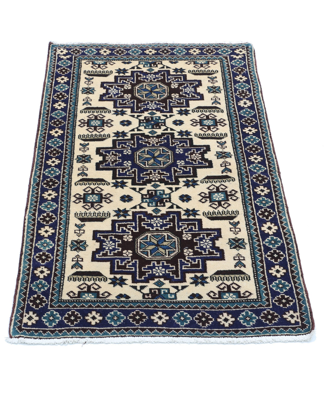 Hand Knotted Tribal Kazak Wool Rug - 2'3'' x 3'9'' 2'3'' x 3'9'' (68 X 113) / Ivory / Blue