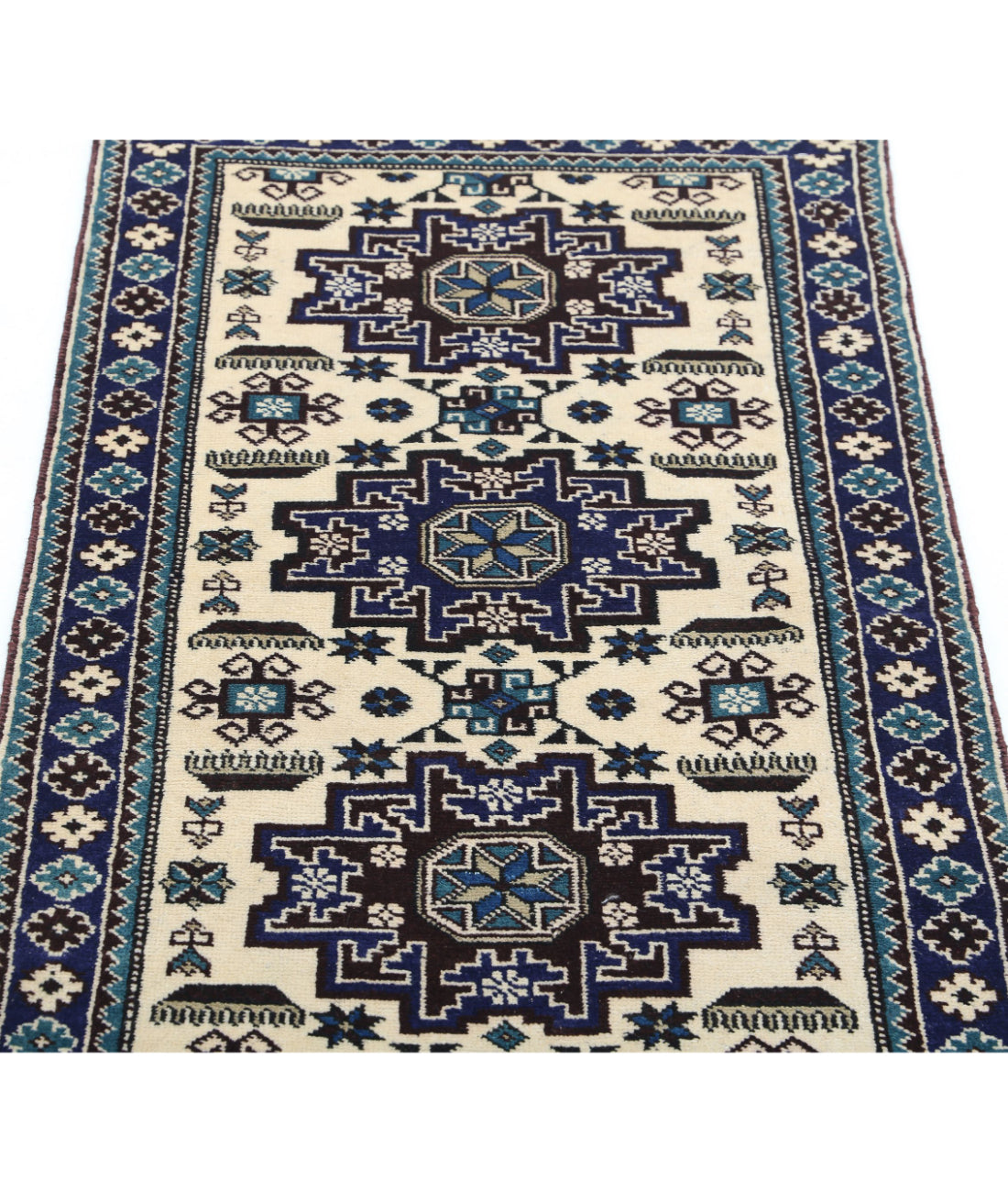 Hand Knotted Tribal Kazak Wool Rug - 2'3'' x 3'9'' 2'3'' x 3'9'' (68 X 113) / Ivory / Blue
