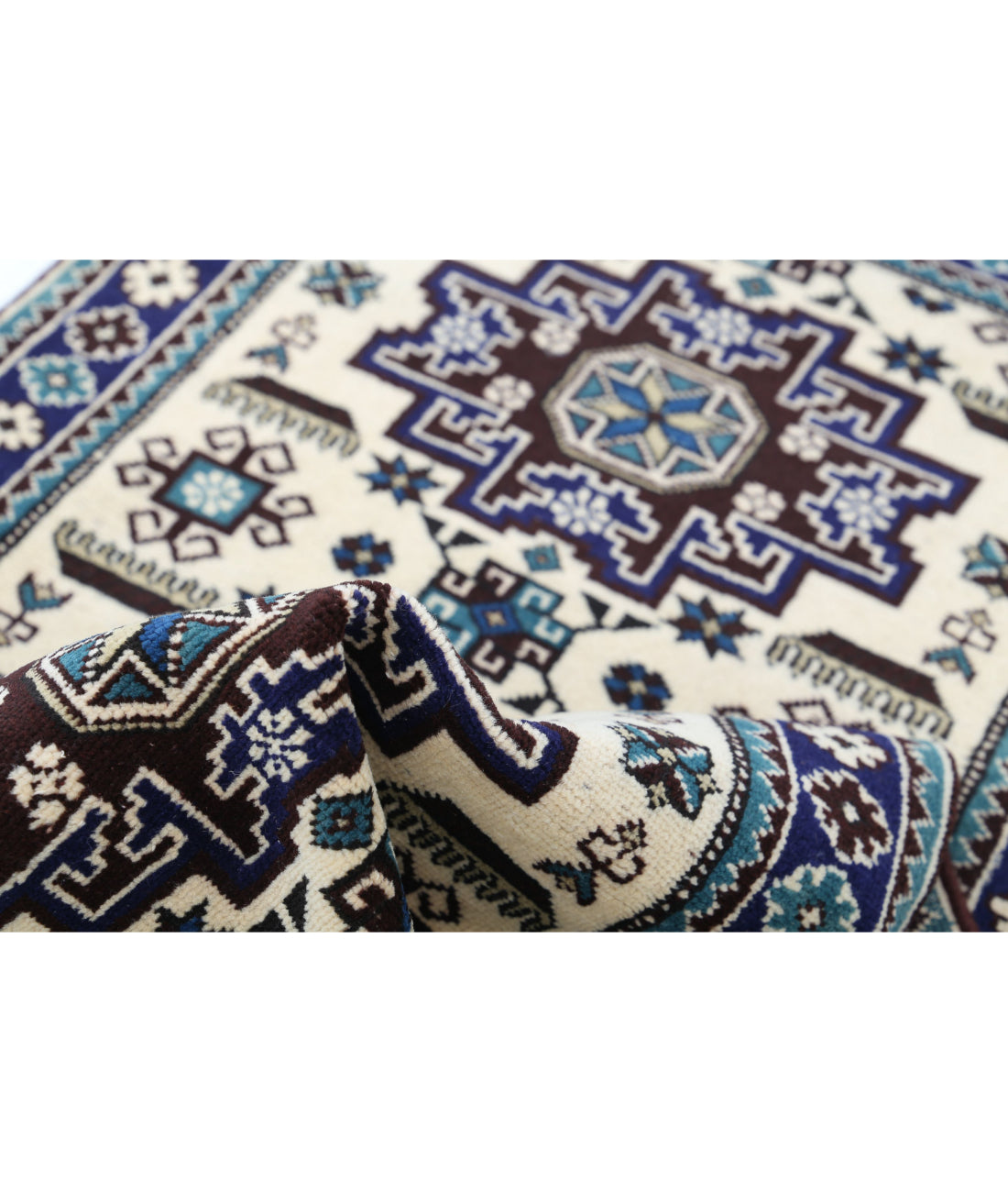 Hand Knotted Tribal Kazak Wool Rug - 2'3'' x 3'9'' 2'3'' x 3'9'' (68 X 113) / Ivory / Blue