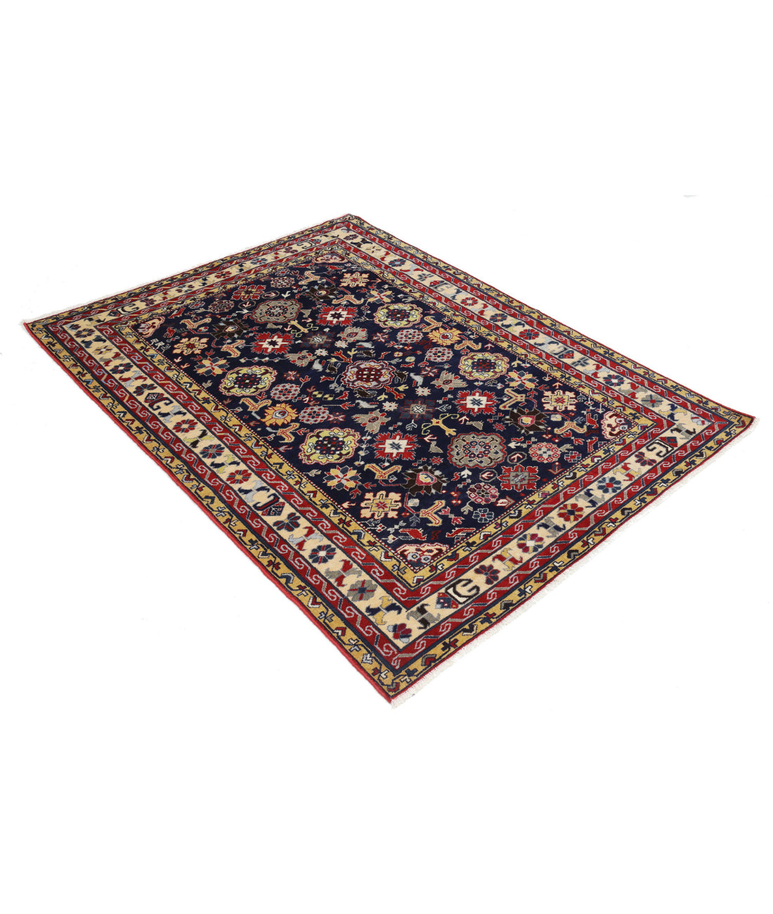 Hand Knotted Tribal Kazak Wool Rug - 4'3'' x 5'9'' 4'3'' x 5'9'' (128 X 173) / Blue / Ivory