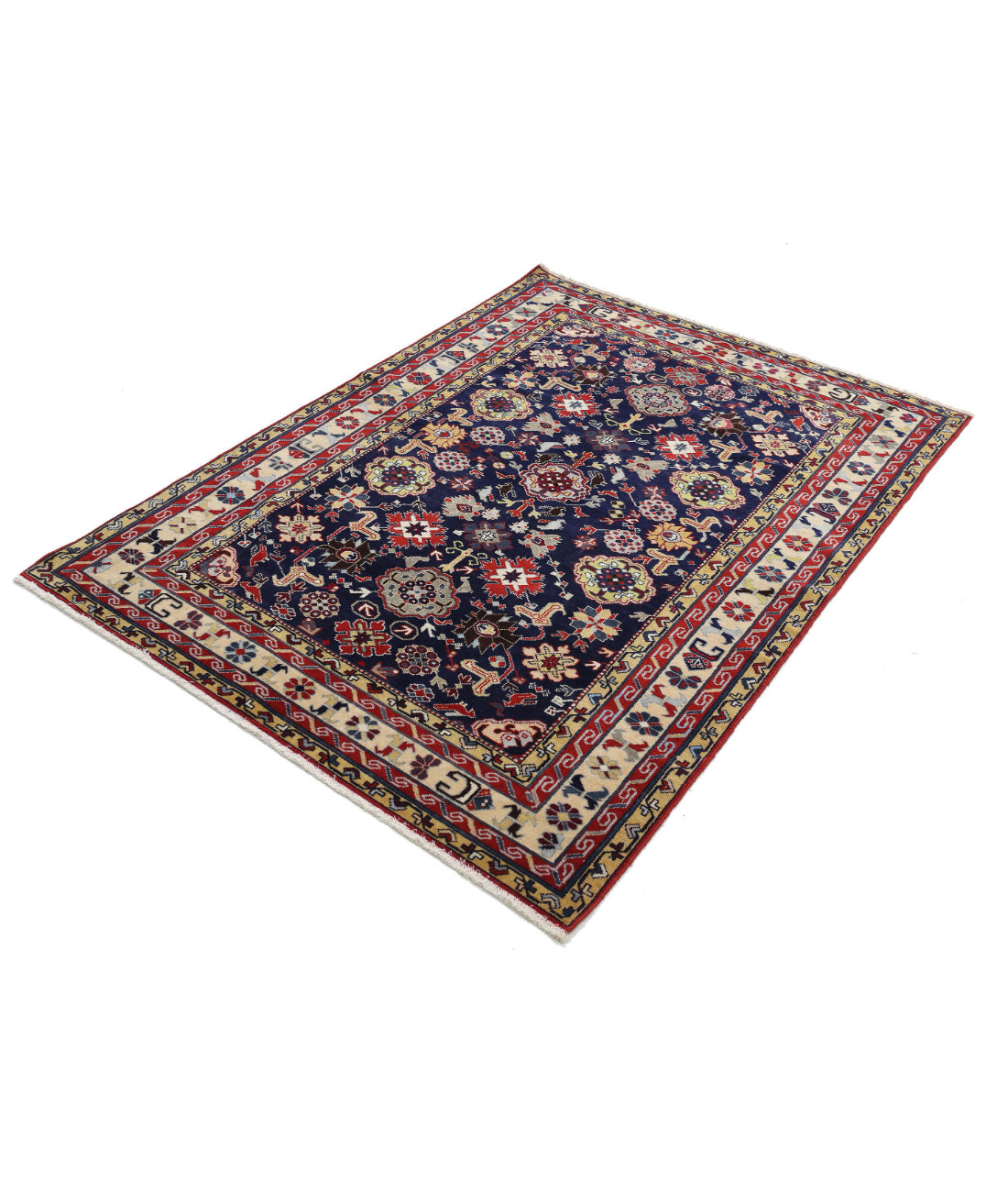 Hand Knotted Tribal Kazak Wool Rug - 4'3'' x 5'9'' 4'3'' x 5'9'' (128 X 173) / Blue / Ivory