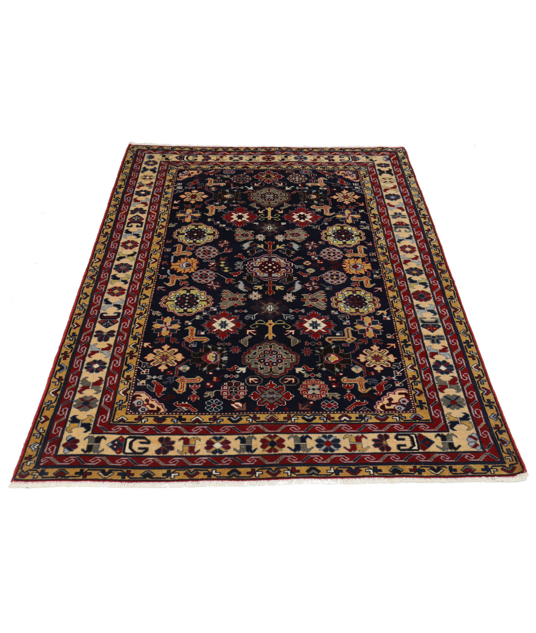 Hand Knotted Tribal Kazak Wool Rug - 4'3'' x 5'9'' 4'3'' x 5'9'' (128 X 173) / Blue / Ivory